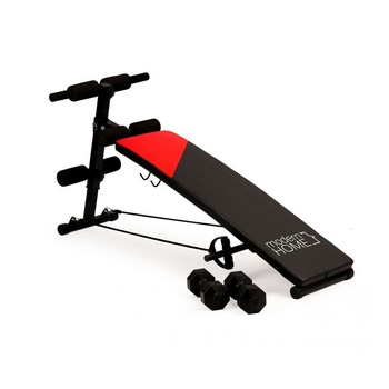 Banca reglabila pentru Exercitii Fitness si Abdomene, cu corzi extensoare si 2 gantere 1.5kg, negru/portocaliu Banca reglabila pentru Exercitii Fitness si Abdomene, cu corzi extensoare si 2 gantere 1.5kg, negru/portocaliu