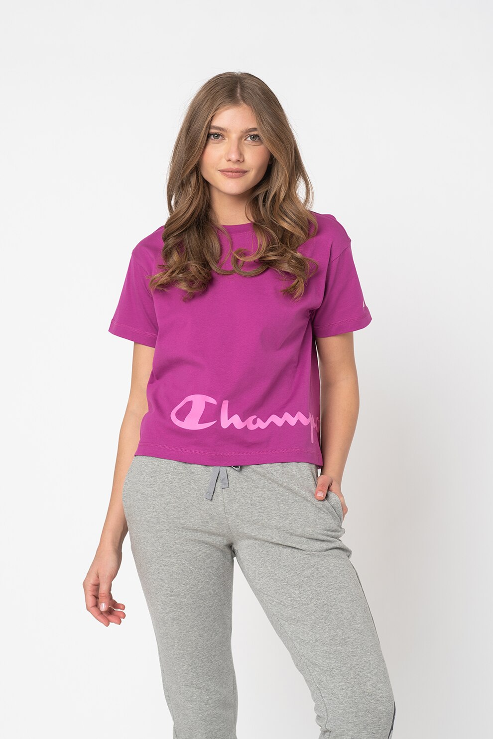 Champion, Tricou cu decolteu la baza gatului si imprimeu logo, Violet