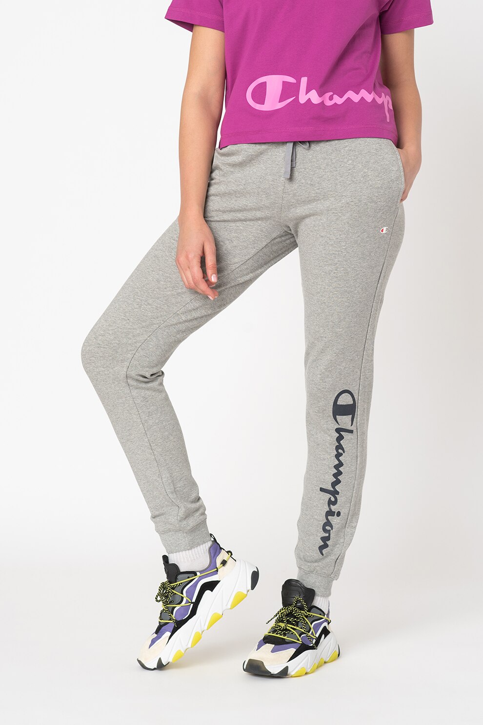 Champion, Pantaloni sport cu imprimeu logo si snur in talie, Gri deschis melange