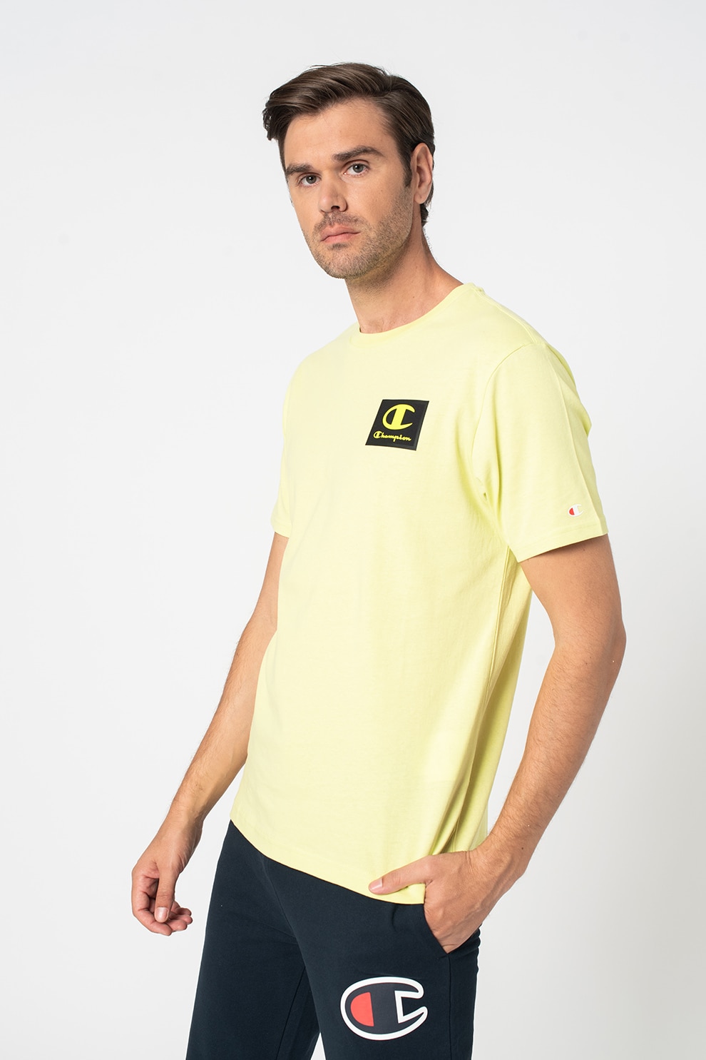 Champion, Tricou de bumbac cu logo, Verde lime/Negru