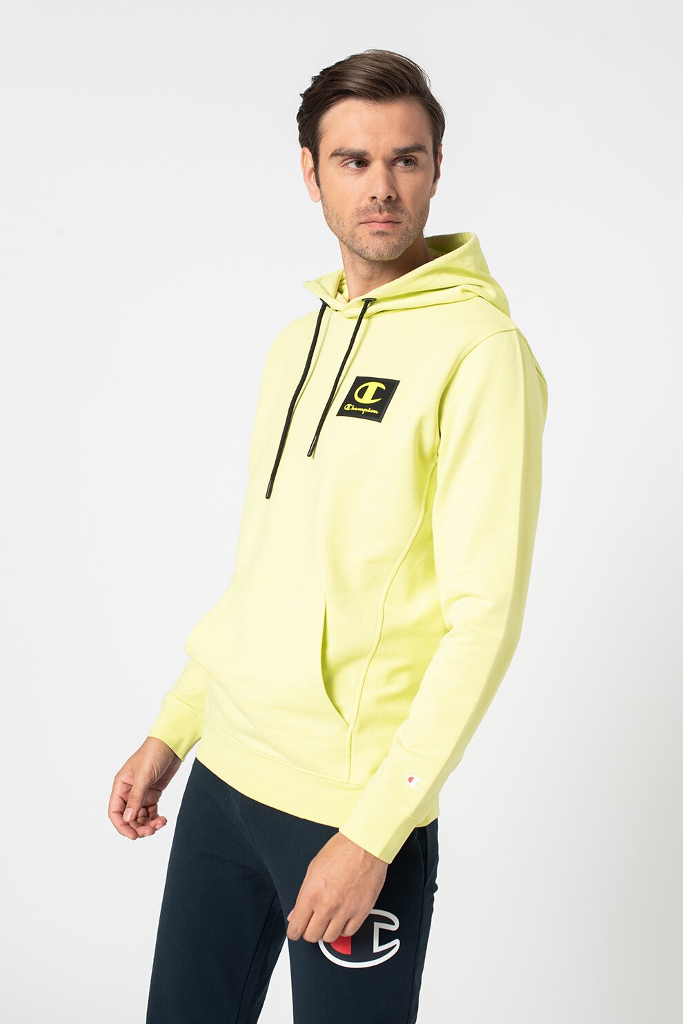 Champion, Hanorac cu buzunar kangaroo si logo, Verde lime/Negru