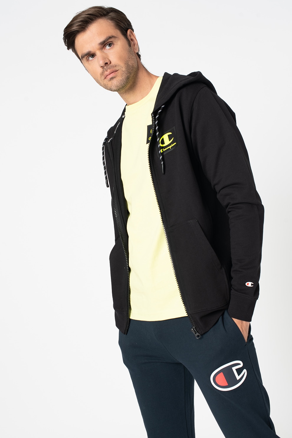 Champion, Hanorac cu fermoar si logo, Negru/Verde neon