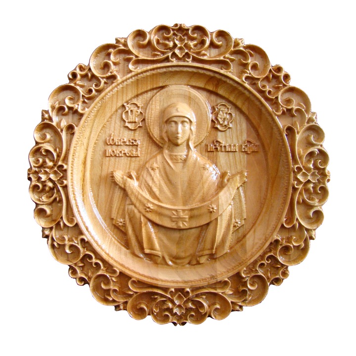 Icoana sculptata Sfantul Acoperamant, lemn masiv, rama circulara, diametru 21 cm