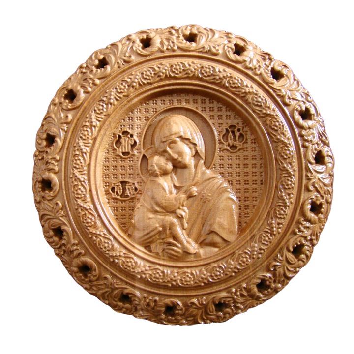 Icoana sculptata Maica Domnului, rama circulara, sculptura in lemn masiv, diametru 19.5 cm