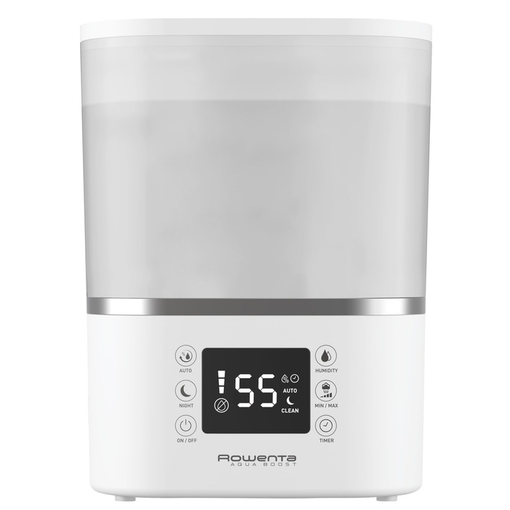 Umidificator ROWENTA Aqua Boost HU4020F0, acoperire 50 m2, flux de aer de 380 ml/h, rezervor 2.5L, ecran LED, timer, alb/argintiu