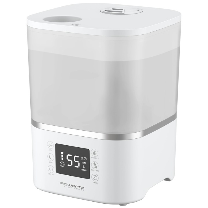 Пречиствател за въздух ROWENTA Aqua Boost HU4020F0, 50 м2 покритие, 380 мл/ч въздушен поток, 2.5 л резервоар, LED екран, Таймер, Бял/Сребрист