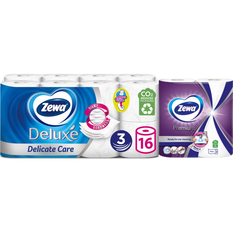 Pachet promo Hartie igienica Zewa Delicate Care, 3 straturi, 16 role si prosoape de hartie, 2 straturi, 2 role, 45 foi