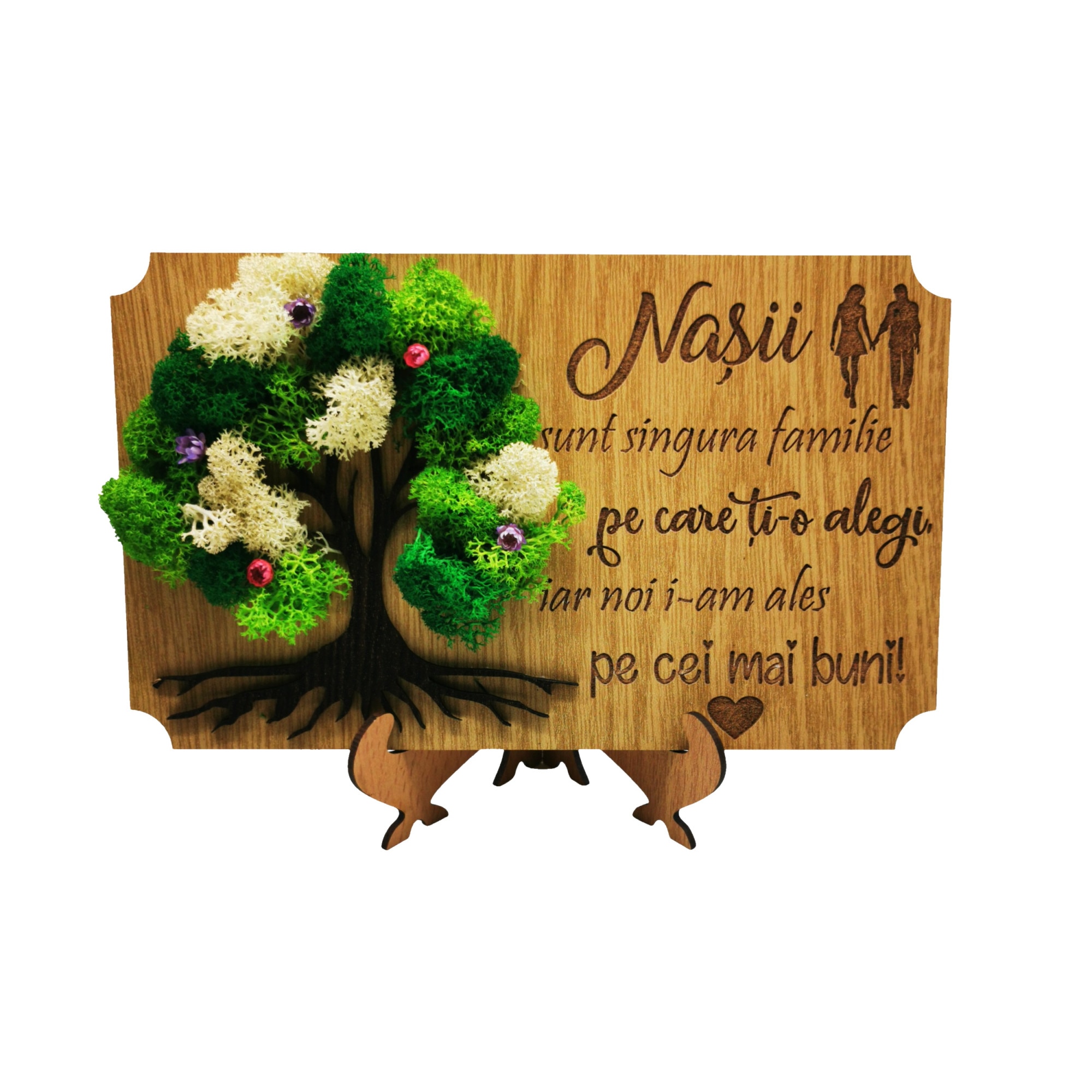 Tablou cu licheni gravat cu mesaj pentru nasi, Lemn stejar, Model 1