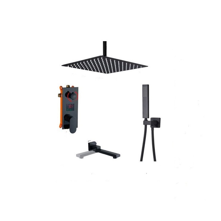 Set de dus Negru, AquaSpa, Display Led, Palarie de 30 cm, Incastrabil in tavan, Teava de dus pentru perete cu montaj sub tencuiala mobila