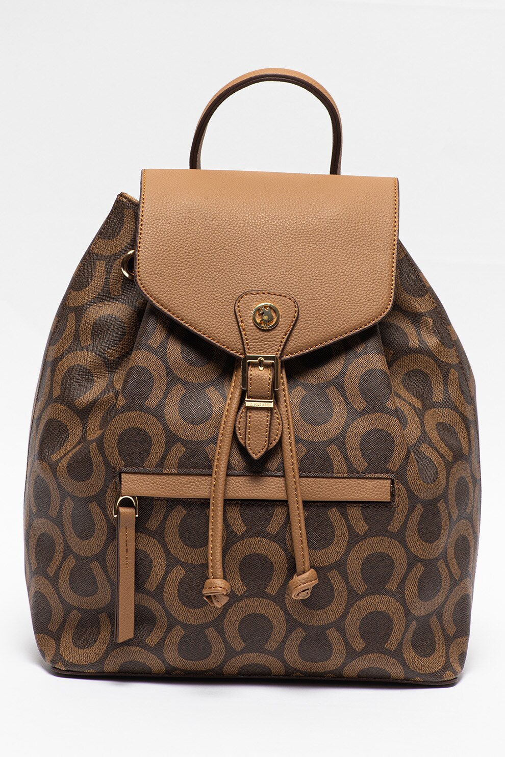 U.S. Polo Assn., Rucsac cu snur de ajustare si clapa pe partea superioara, Maro inchis/Maro caramel
