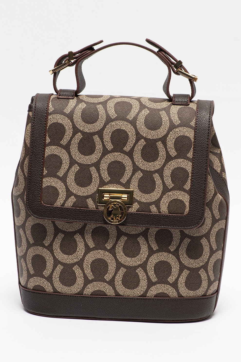 U.S. Polo Assn., Rucsac din piele ecologica cu clapa pe partea superioara si imprimeu, Maro coniac/maro nisip