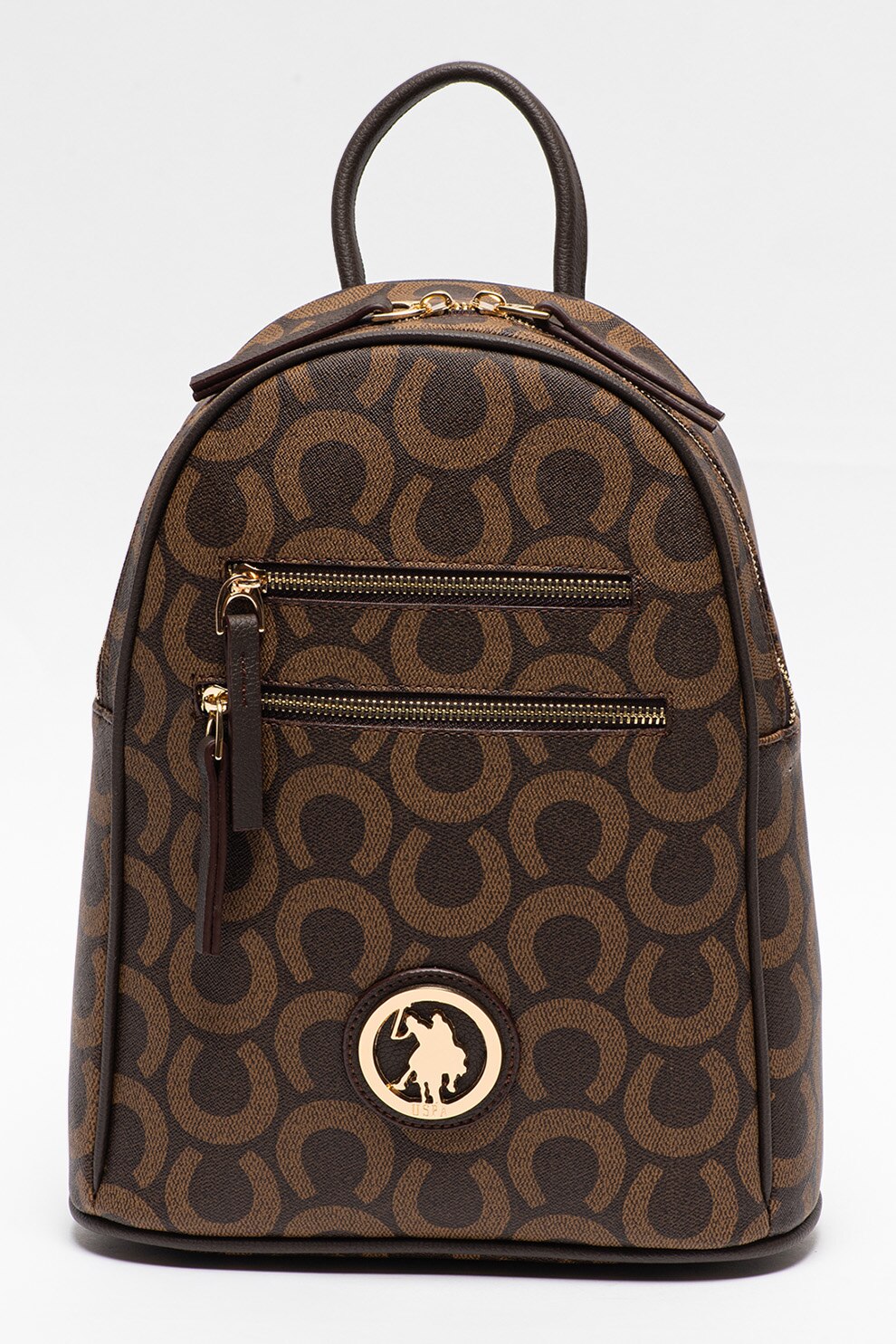 U.S. Polo Assn., Rucsac cu buzunare exterioare cu fermoar si imprimeu, Maro inchis/Maro caramel