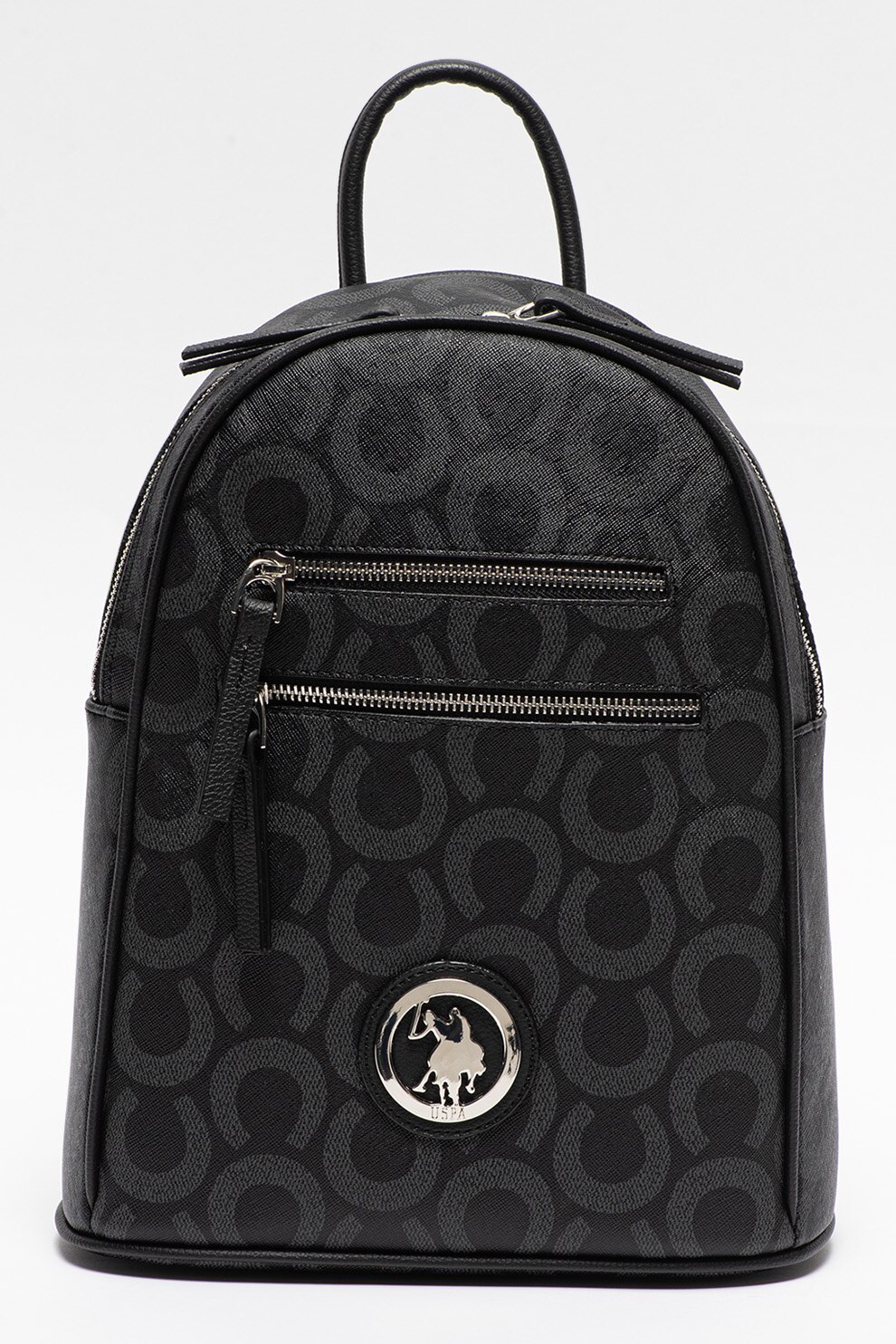 U.S. Polo Assn., Rucsac cu buzunare exterioare cu fermoar si imprimeu, Negru/Gri inchis