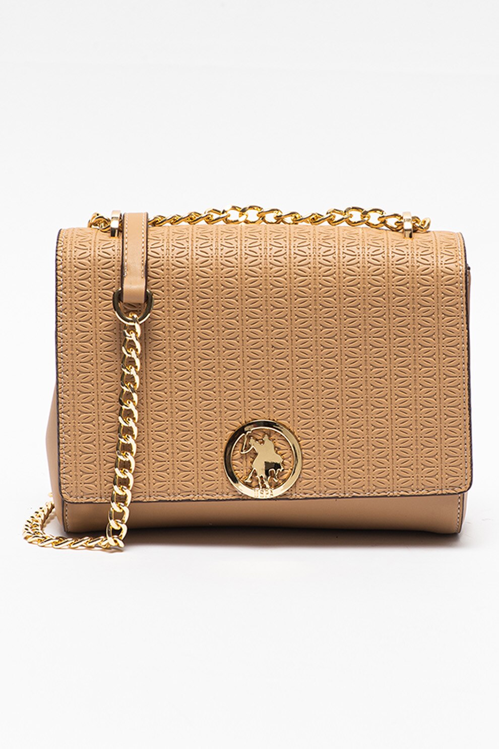 U.S. Polo Assn., Geanta crossbody de piele ecologica cu bareta din lant, Bej