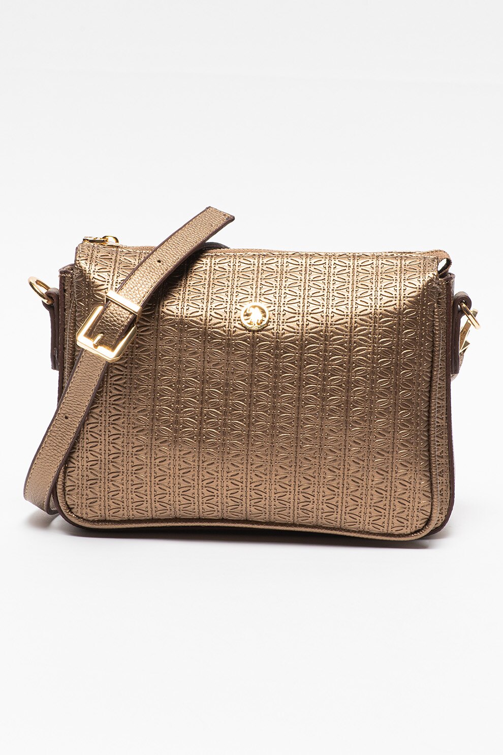 U.S. Polo Assn., Geanta texturata de umar cu bareta detasabila, Maro bronz