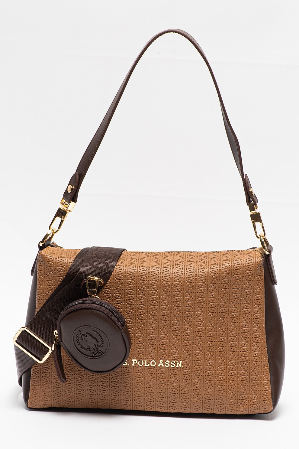 U.S. Polo Assn., Geanta de piele ecologica cu bareta detasabila de umar, Maro camel/Maro inchis