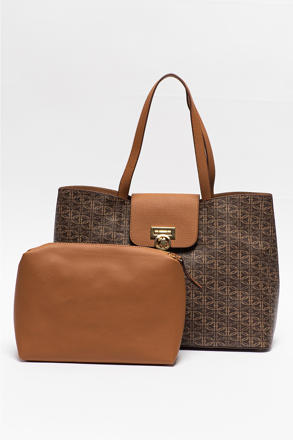 U.S. Polo Assn., Geanta shopper de piele ecologica cu model, Maro inchis/Maro scortisoara