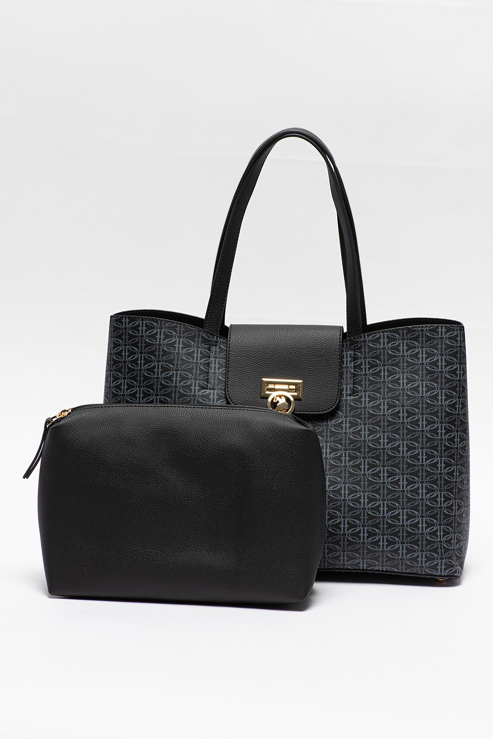 U.S. Polo Assn., Geanta shopper de piele ecologica cu model, Negru/Bleumarin