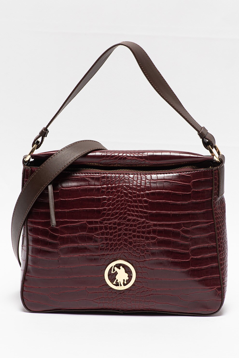 U.S. Polo Assn., Geanta de piele ecologica cu bareta de umar si aspect de piele de crocodil, Visiniu