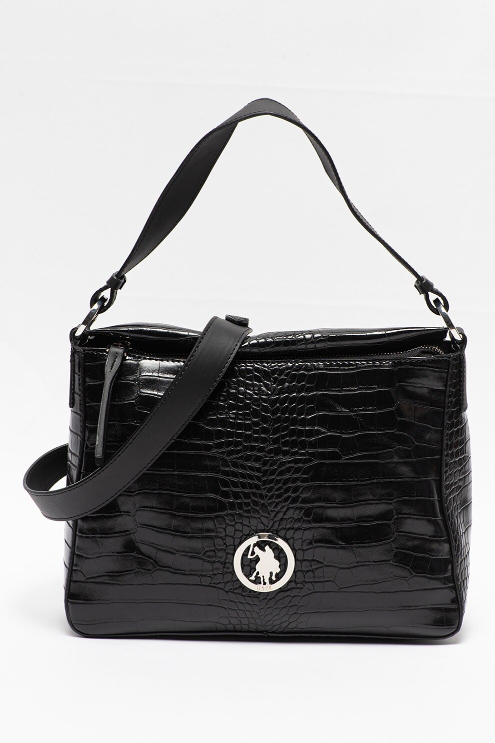U.S. Polo Assn., Geanta de piele ecologica cu bareta de umar si aspect de piele de crocodil, Negru