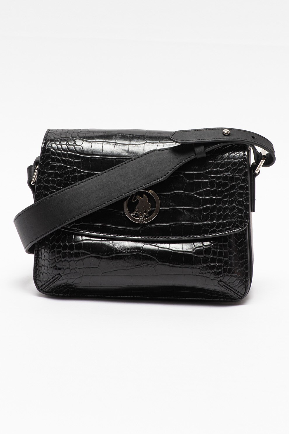 U.S. Polo Assn., Geanta de piele ecologica cu bareta de umar si aspect de piele de crocodil, Negru