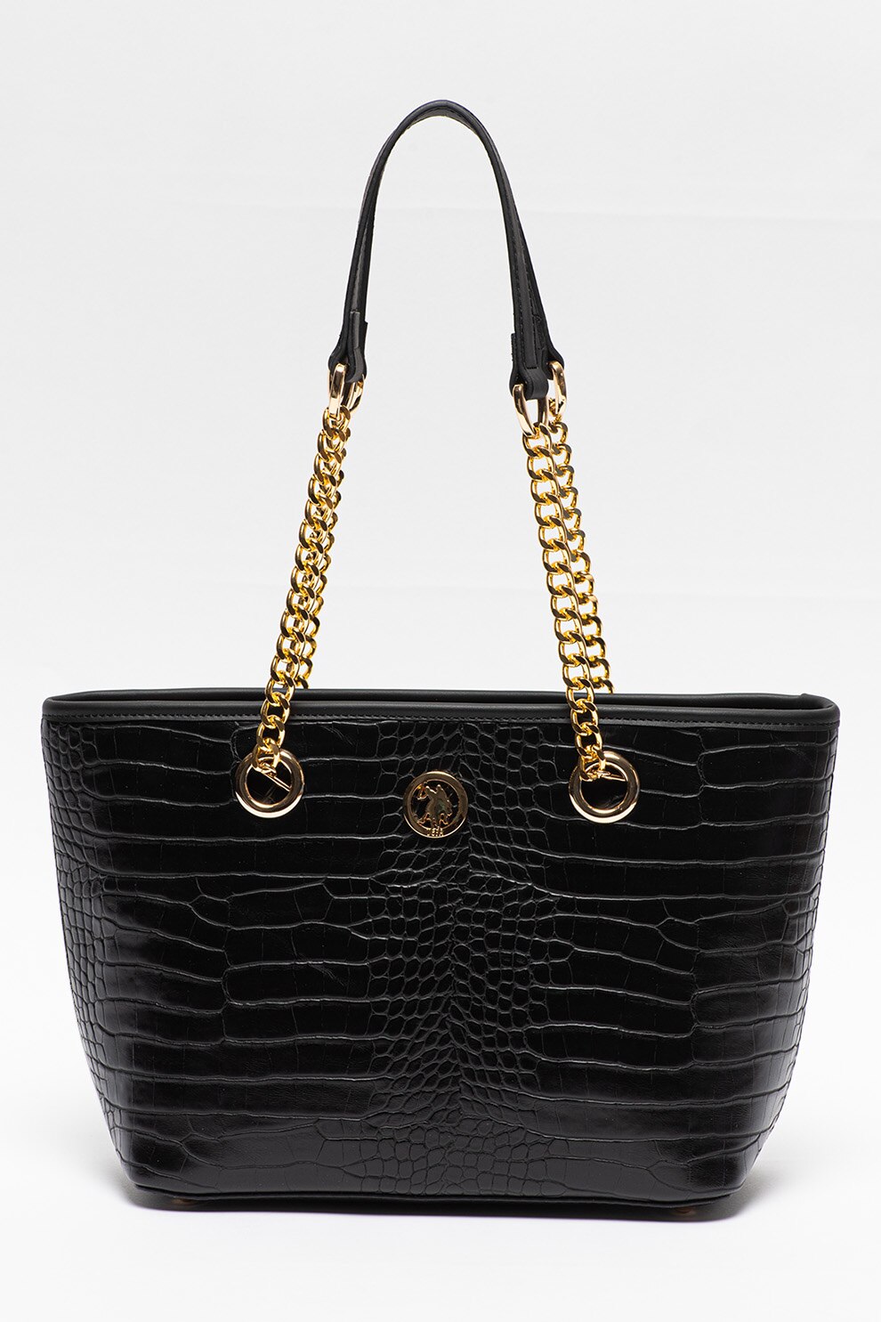 U.S. Polo Assn., Geanta shopper mica de piele ecologica cu aspect de piele de crocodil, Negru