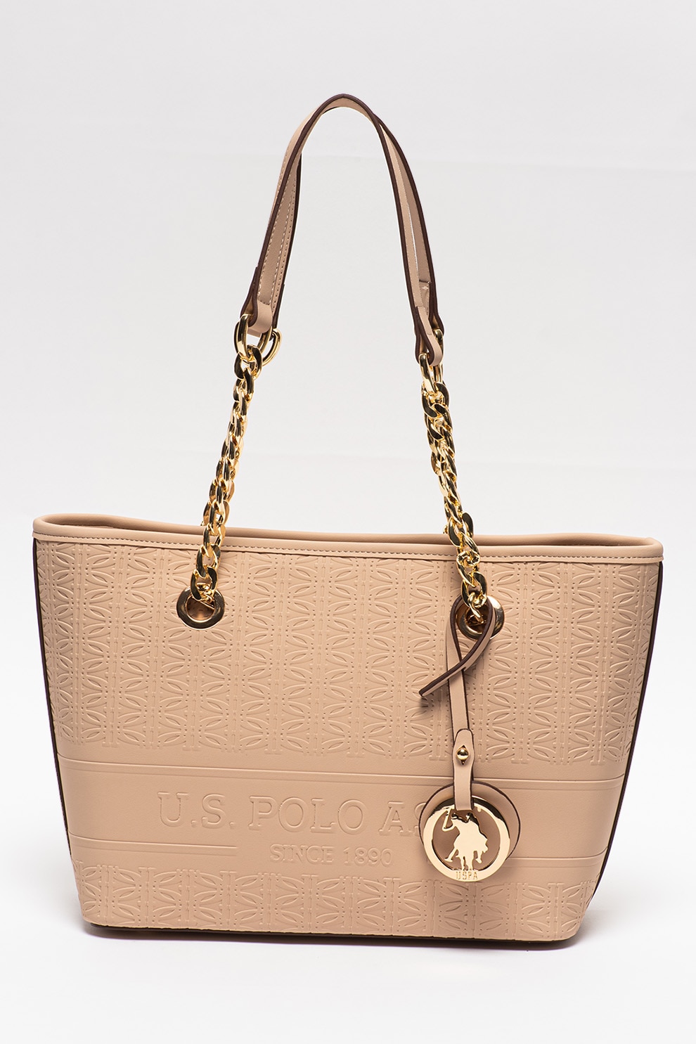 U.S. Polo Assn., Geanta de piele ecologica cu bareta de umar si logo in relief, Bej