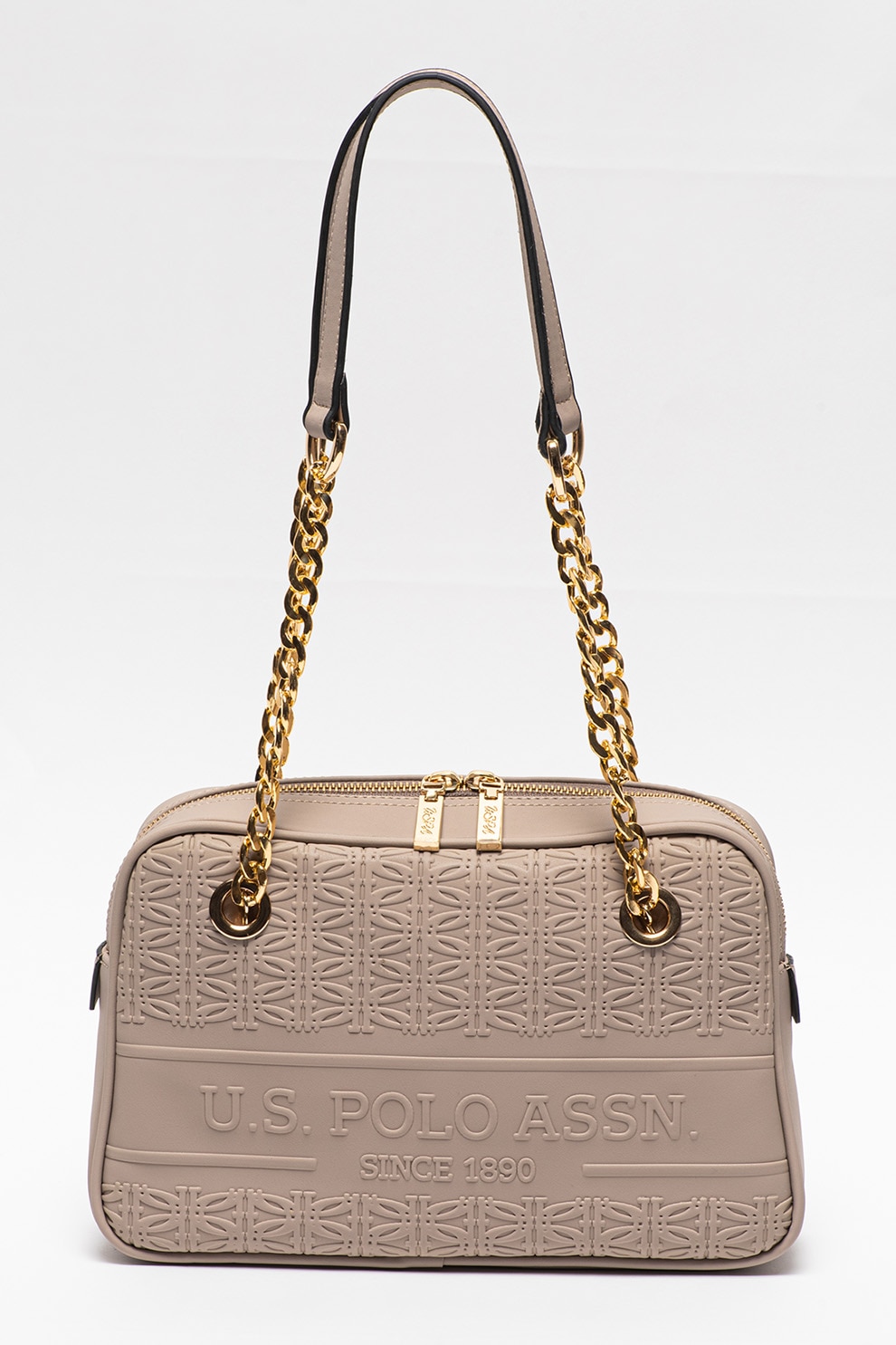 U.S. Polo Assn., Geanta de piele ecologica cu bareta de umar si detaliu logo in relief, Maro taupe deschis