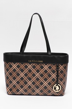 U.S. Polo Assn., Geanta shopper de piele ecologica cu model in carouri, Negru/Bej U.S. Polo Assn., Geanta shopper de piele ecologica cu model in carouri, Negru/Bej