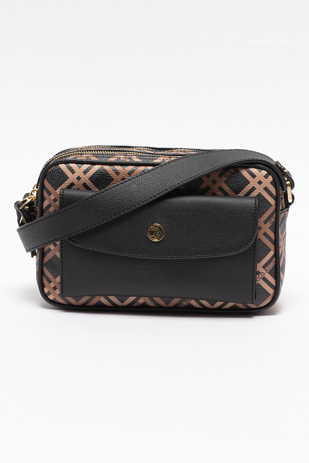 U.S. Polo Assn., Geanta crossbody de piele ecologica cu model geometric si logo, Negru/Maro caramel