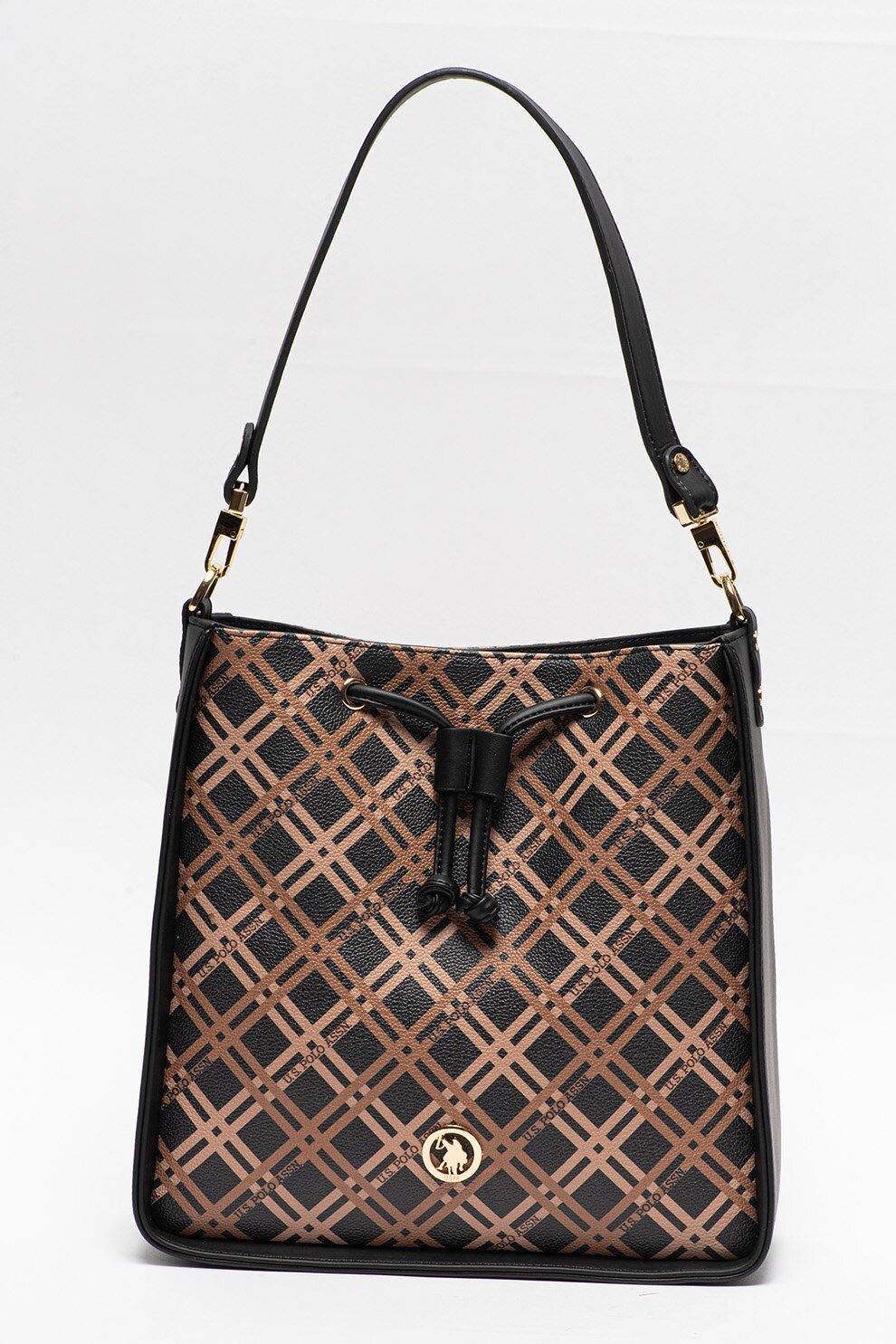 U.S. Polo Assn., Geanta de piele ecologica cu bareta de umar, model geometric si logo, Negru/Bej