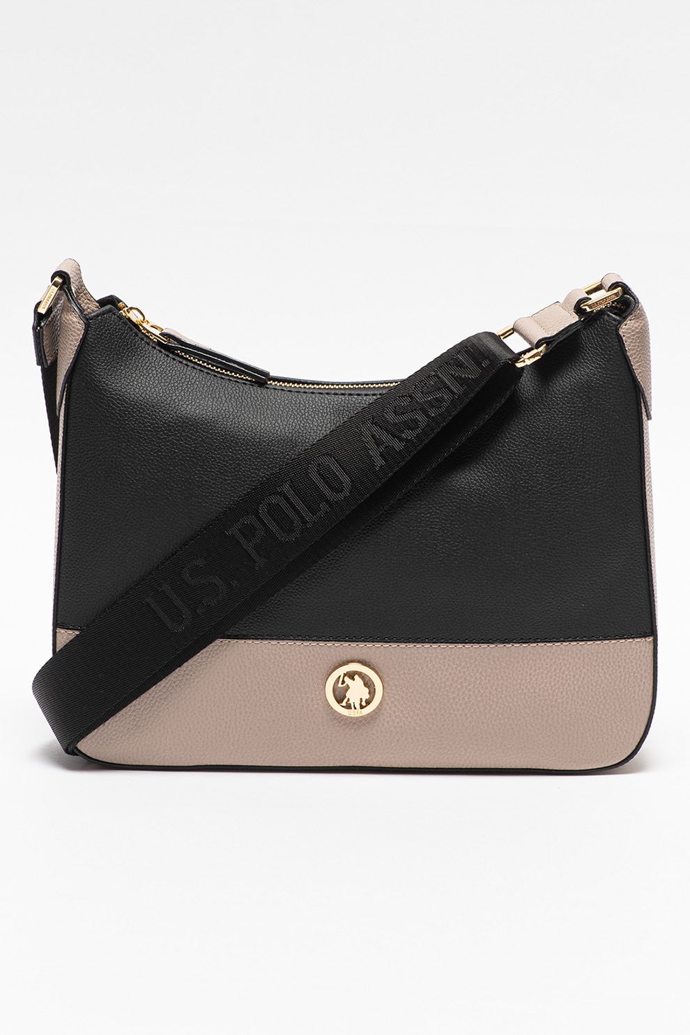 U.S. Polo Assn., Geanta de piele ecologica cu bareta de umar si aspect texturat, Negru/Gri deschis