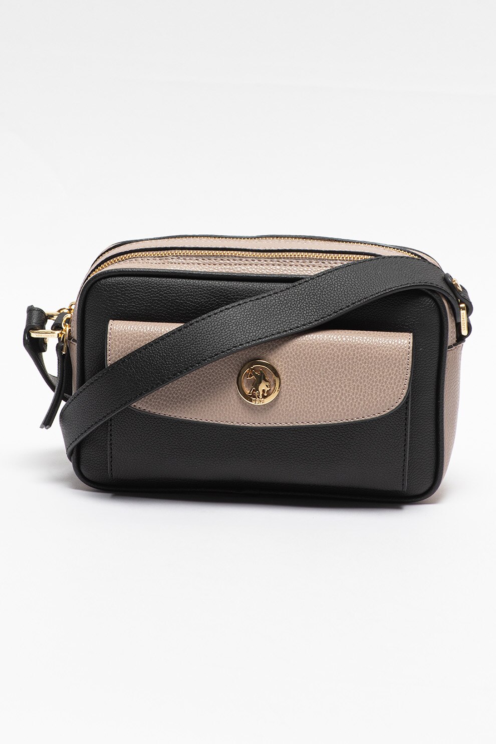U.S. Polo Assn., Geanta de piele ecologica cu bareta de umar si aplicatie logo metalica, Negru/Maro taupe deschis