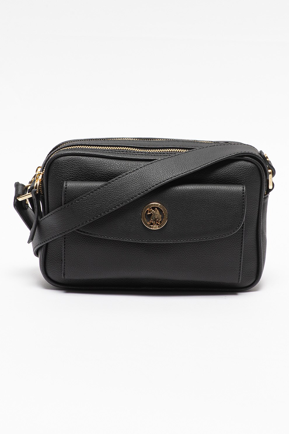 U.S. Polo Assn., Geanta de piele ecologica cu bareta de umar si aplicatie logo metalica, Negru