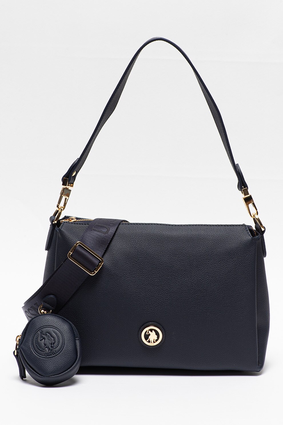 U.S. Polo Assn., Geanta de piele ecologica cu bareta de umar si etui detasabil, Bleumarin inchis
