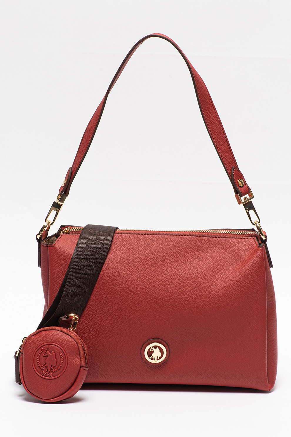 U.S. Polo Assn., Geanta de piele ecologica cu bareta de umar si etui detasabil, Rosu