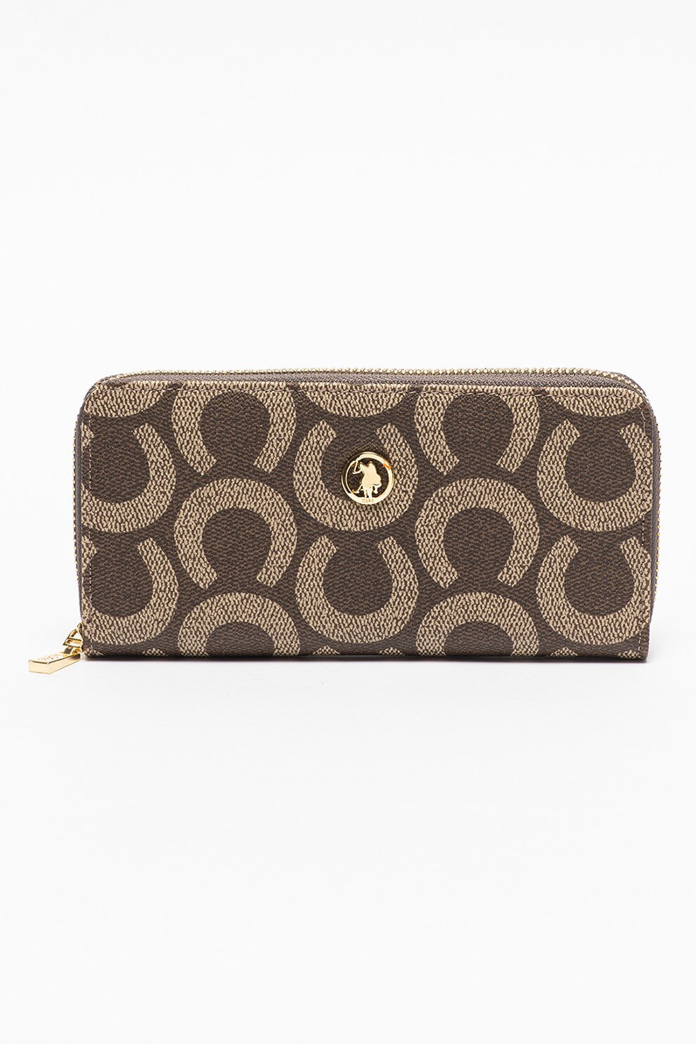 U.S. Polo Assn., Portofel de piele ecologica cu logo si model, Maro deschis/Maro caramel