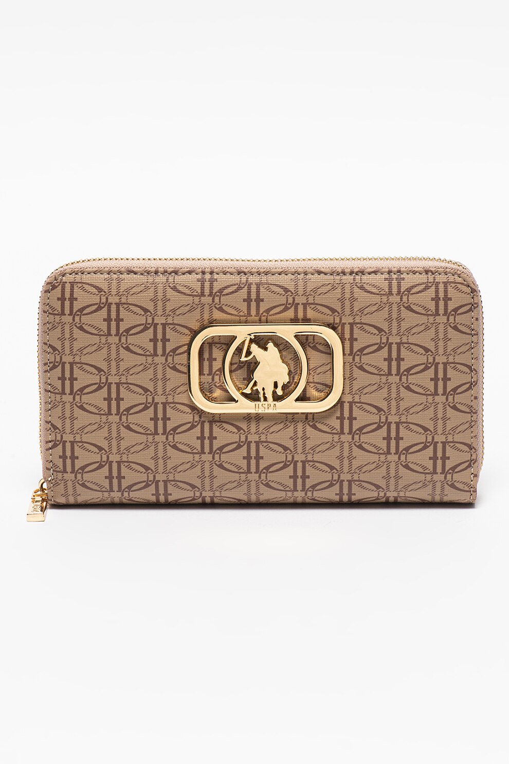 U.S. Polo Assn., Portofel de piele ecologica cu logo, Maro nisip/Maro camel