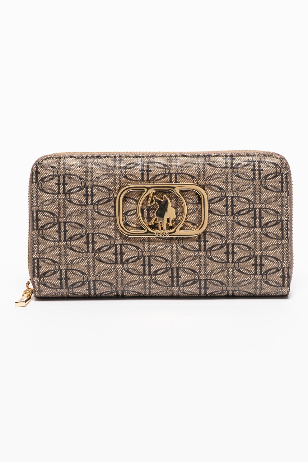 U.S. Polo Assn., Portofel de piele ecologica cu logo, Maro taupe deschis/Maro inchis