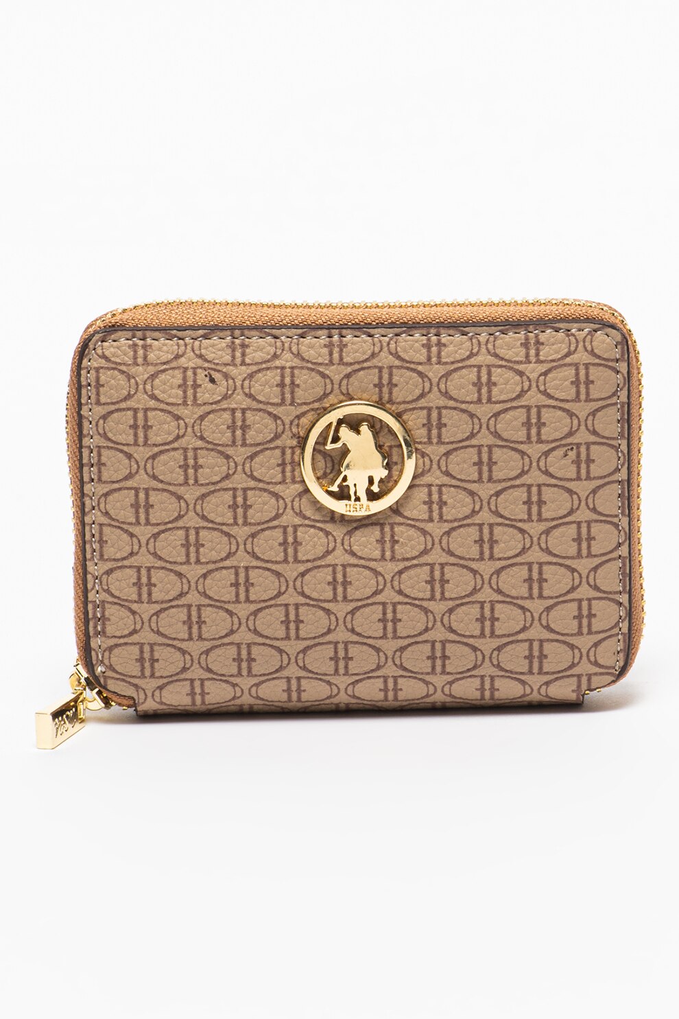 U.S. Polo Assn., Portofel de piele ecologica cu fermoar, Maro nisip/Maro caramel