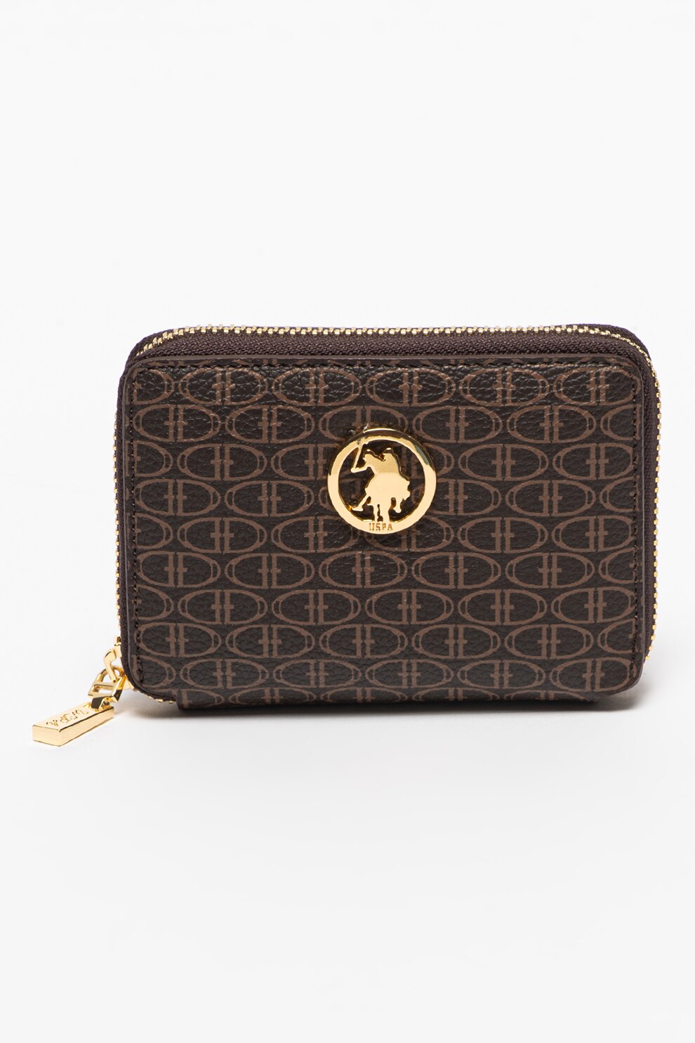 U.S. Polo Assn., Portofel de piele ecologica cu fermoar, Maro coniac/Maro camel