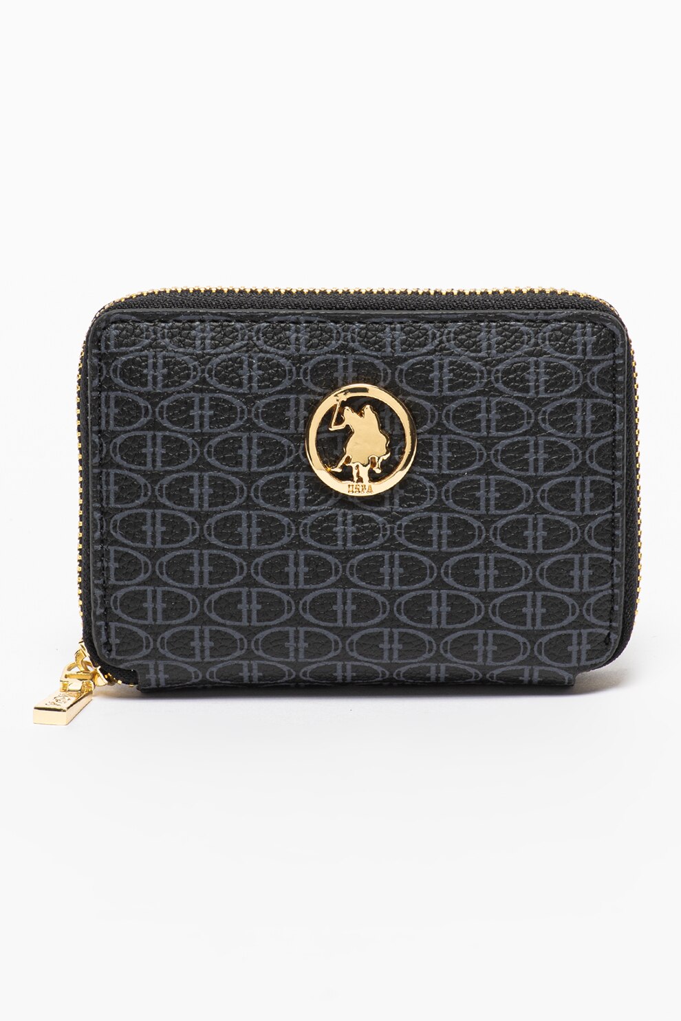 U.S. Polo Assn., Portofel de piele ecologica cu fermoar, Negru/ Albastru inchis