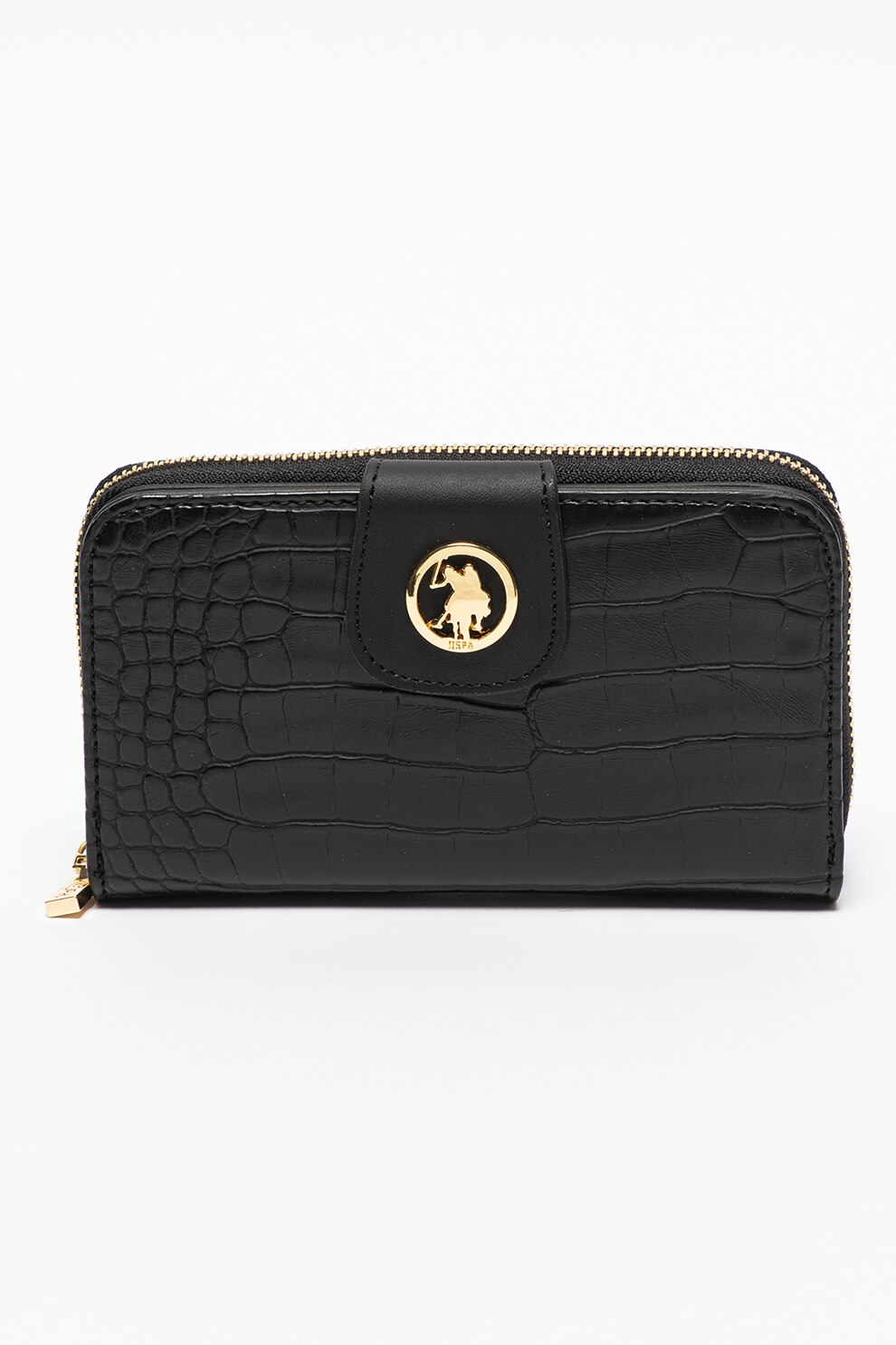 U.S. Polo Assn., Portofel de piele ecologica cu model piele de reptila, Negru