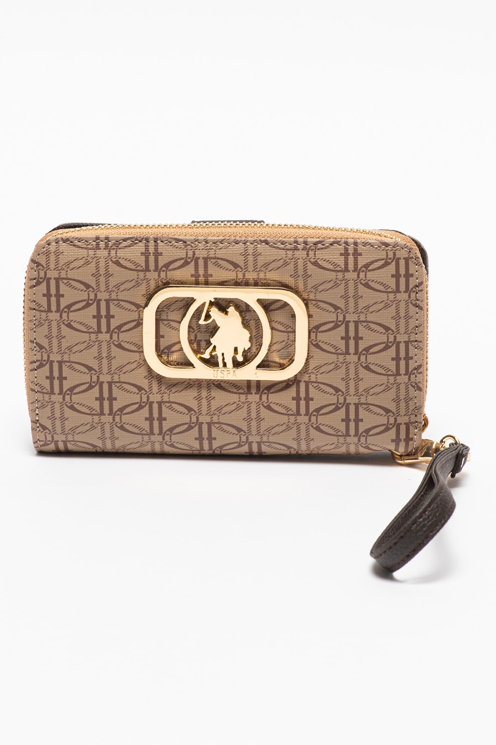 U.S. Polo Assn., Portofel de piele ecologica cu model logo, Maro nisip/Maro caramel