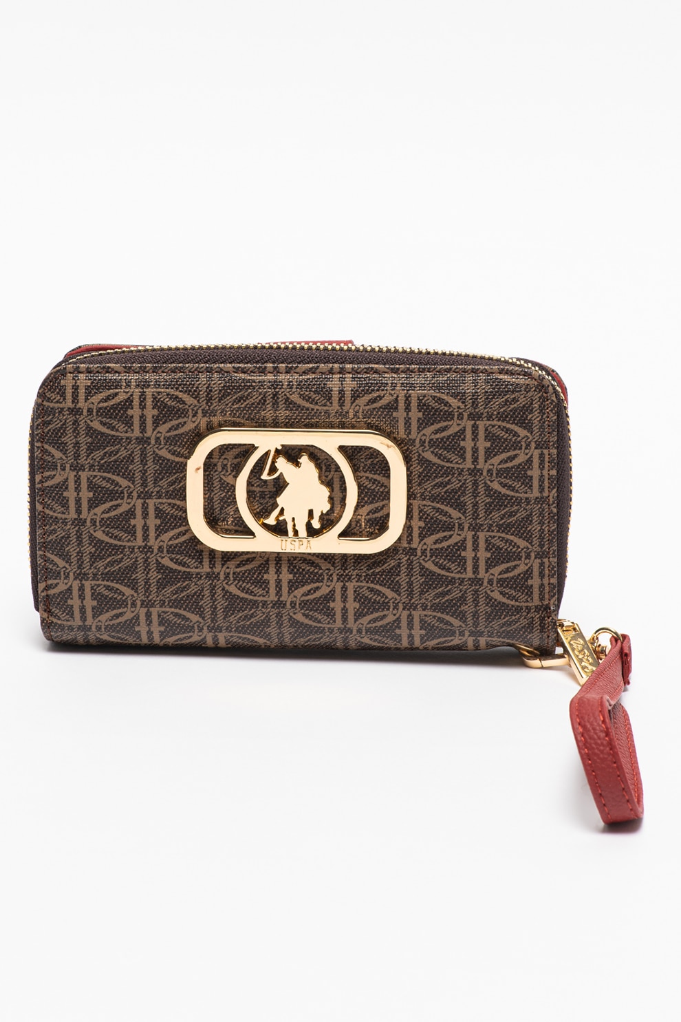 U.S. Polo Assn., Portofel de piele ecologica cu model logo, Maro inchis/Maro nisip