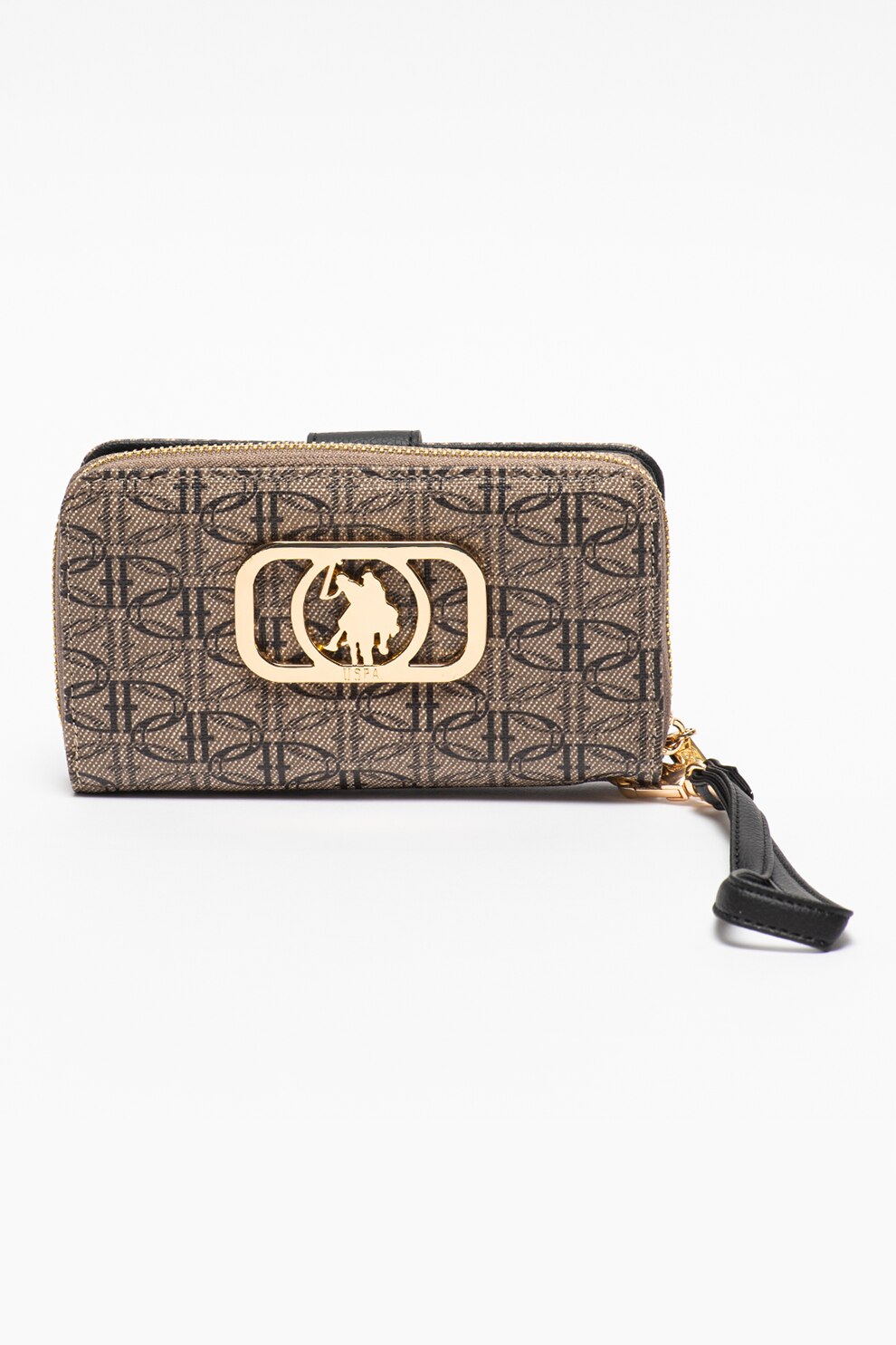 U.S. Polo Assn., Portofel de piele ecologica cu model logo, Maro taupe deschis/Maro inchis