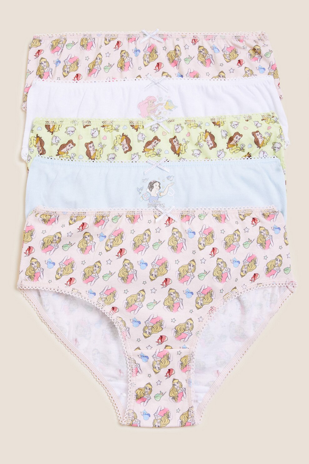 Marks & Spencer, Set de chiloti cu terminatii valurite - 5 perechi, Albastru pastel/maro nisip/roz deschis