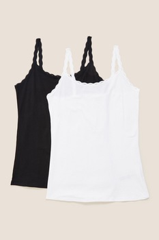 Marks & Spencer, Set de top-uri cu insertii din dantela - 2 piese, Alb/Negru Marks & Spencer, Set de top-uri cu insertii din dantela - 2 piese, Alb/Negru