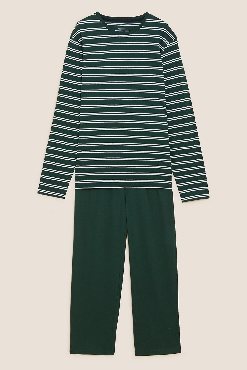 Marks & Spencer, Pijama lunga cu model in dungi, Verde inchis/Alb