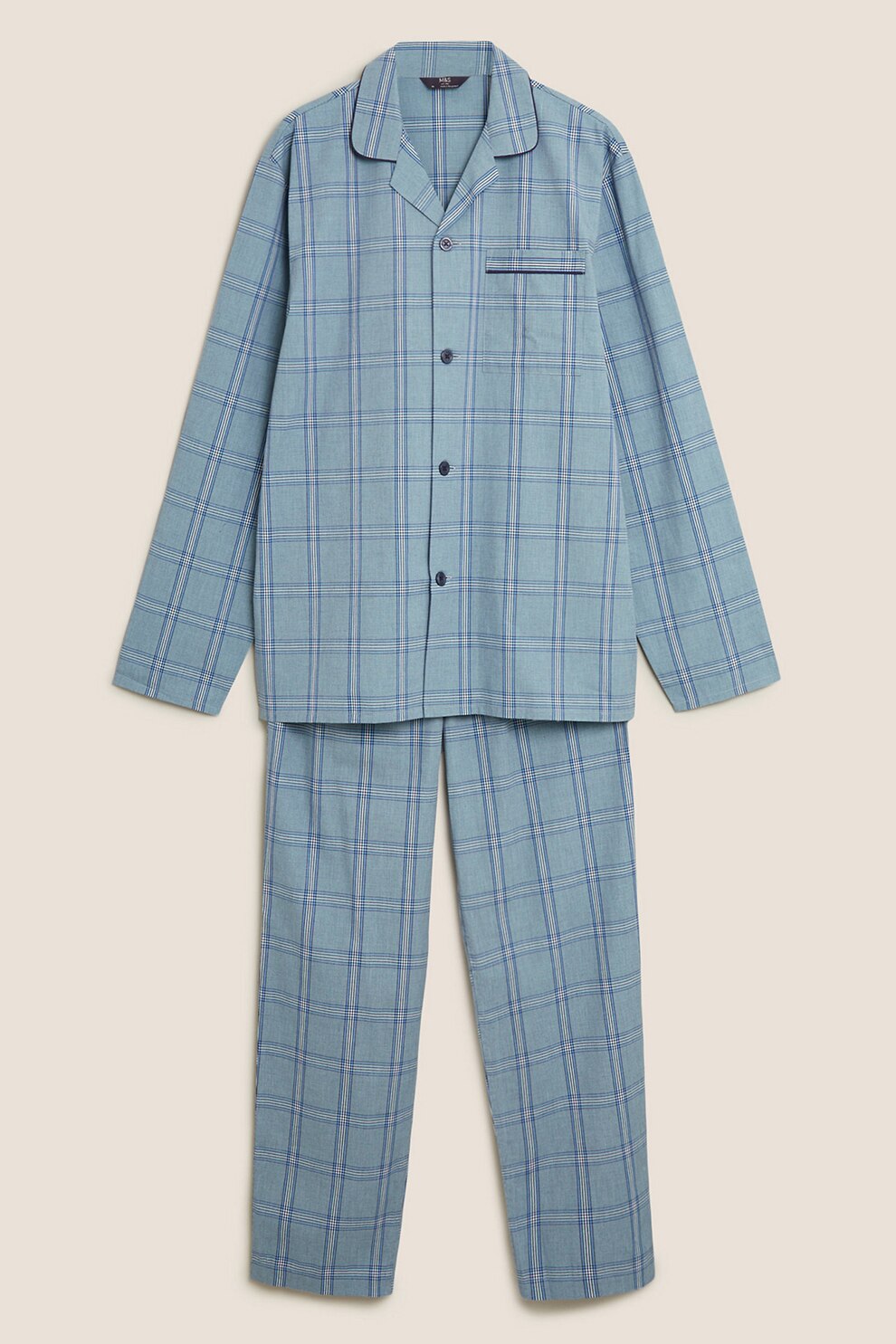 Marks & Spencer, Pijama din bumbac cu model in carouri, Albastru deschis, S